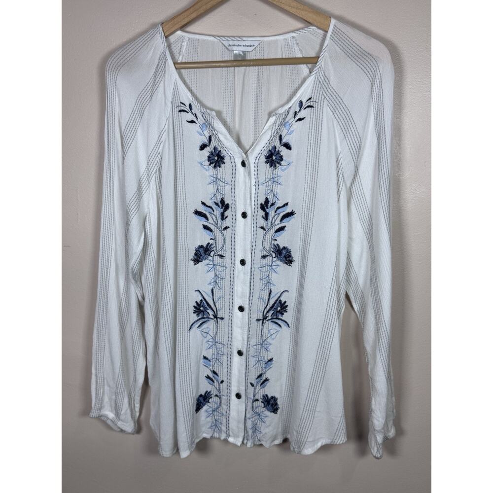 Christopher And Banks Womens Top Blouse Embroidered Floral L Coastal Boho